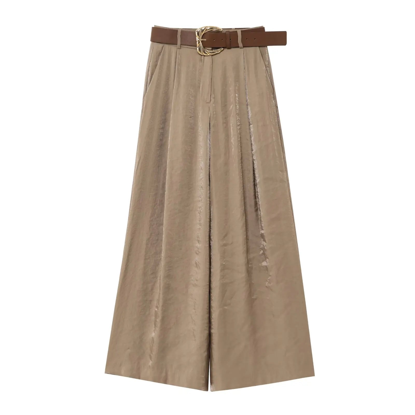 HH Women New Fashion Solid Belt Wrinkles Decorate Casual Loose Trousers Female Chic Zipper Side Pocket Slim Wide Leg Pants