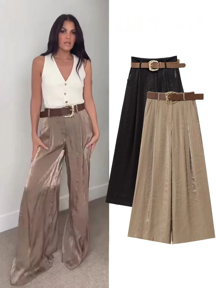 HH Women New Fashion Solid Belt Wrinkles Decorate Casual Loose Trousers Female Chic Zipper Side Pocket Slim Wide Leg Pants